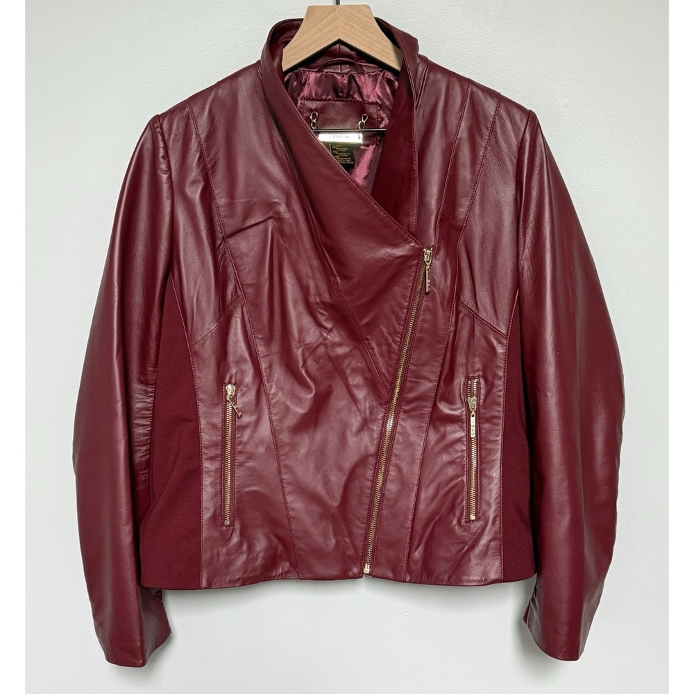 IMAN Women's Genuine Leather Jacket Moto Coat Asymmetrical Zip Burgundy Size L